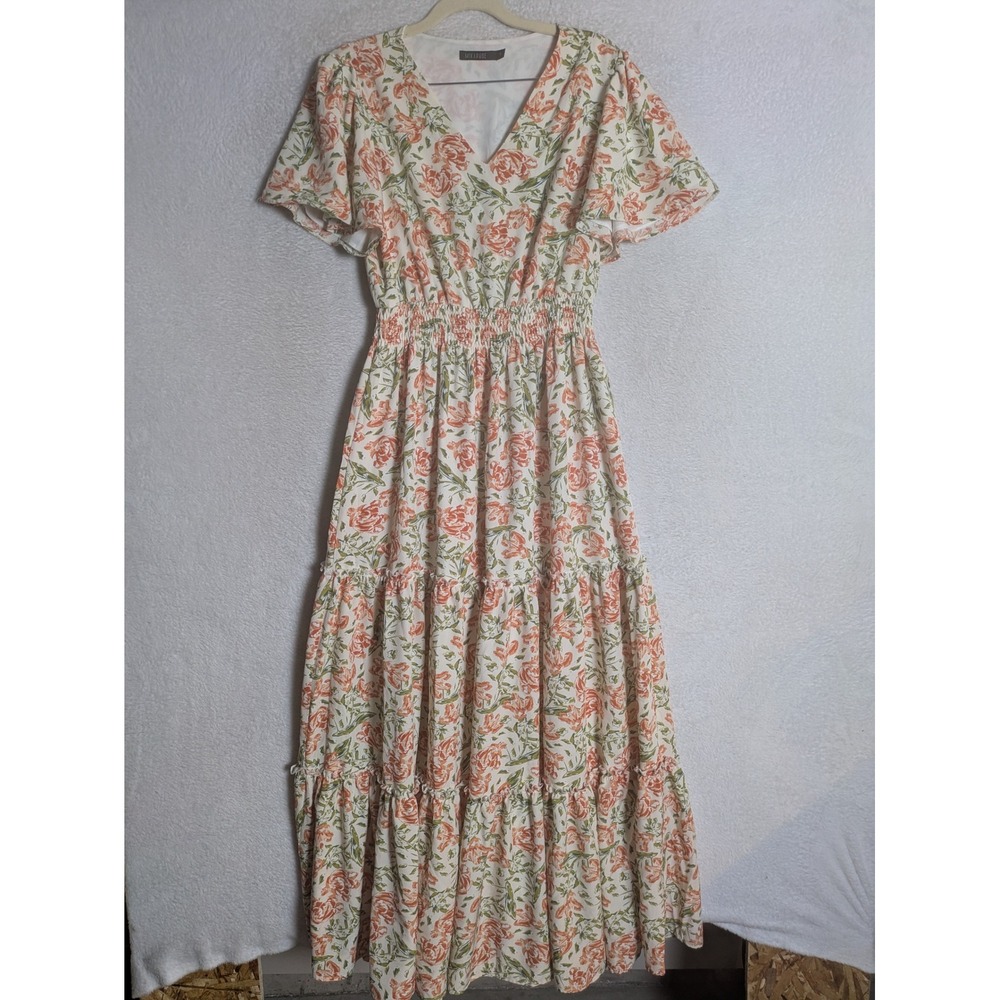 Mikarose Maxi Dress Women's Small White Orange Floral Tiered Smocked Flutter